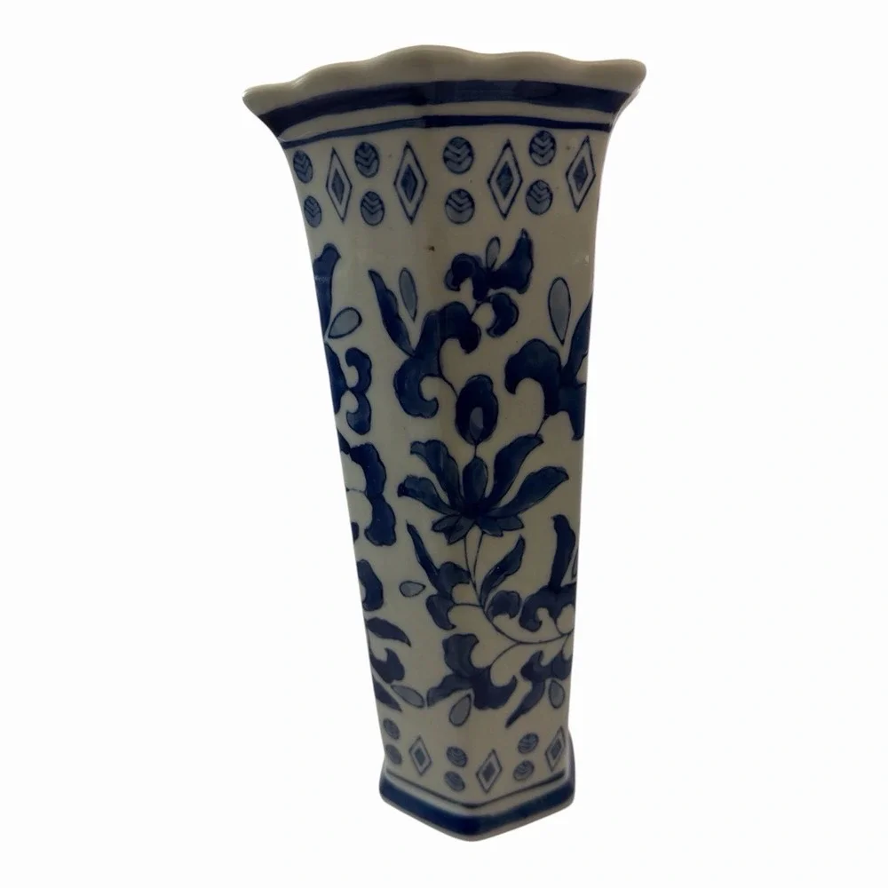 James Alex Imp. Porcelain Vase Blue & White Floral Hexagon 10